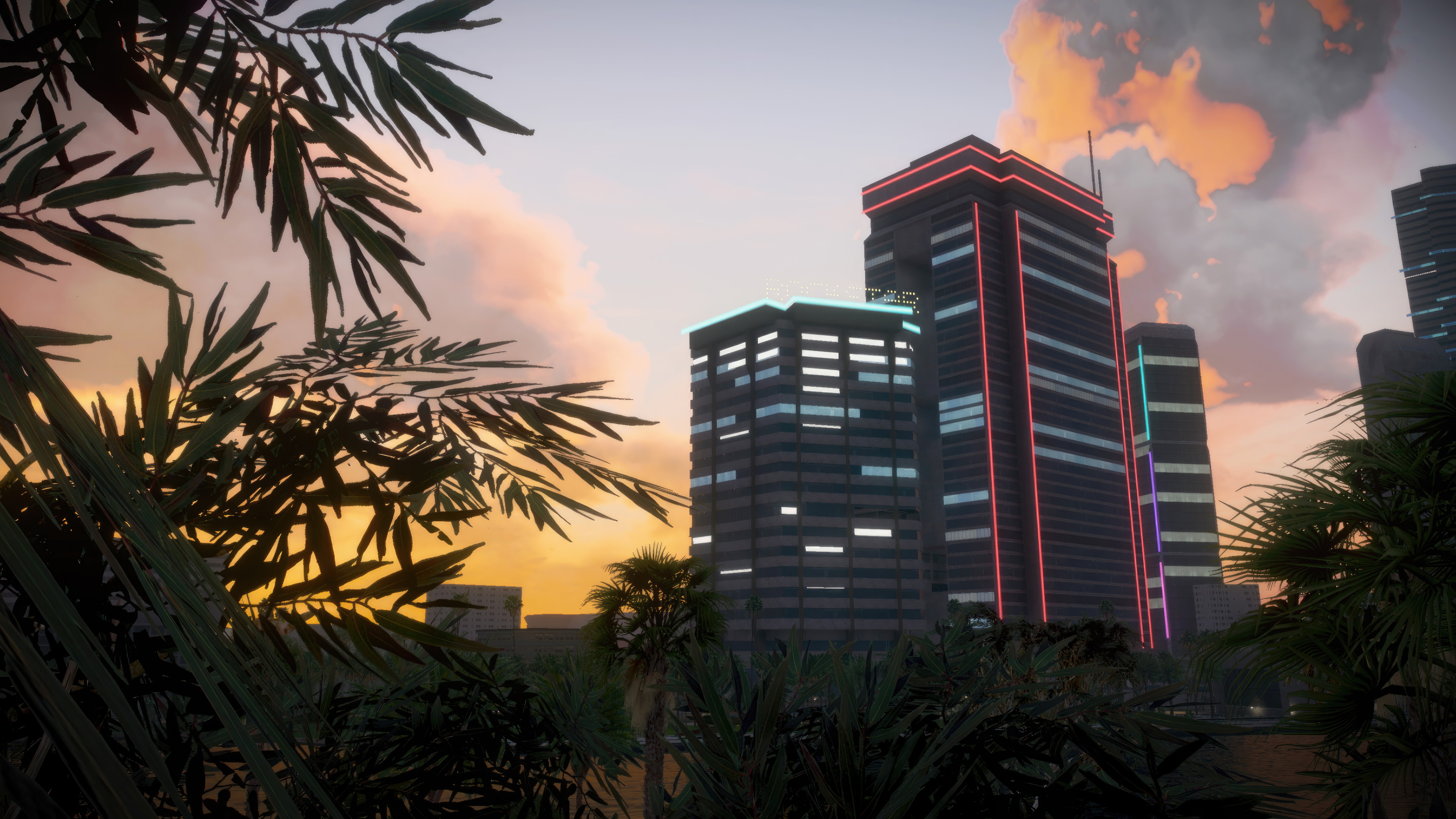 Vice City skyline at sunset, palm trees framing neon-lit downtown towers