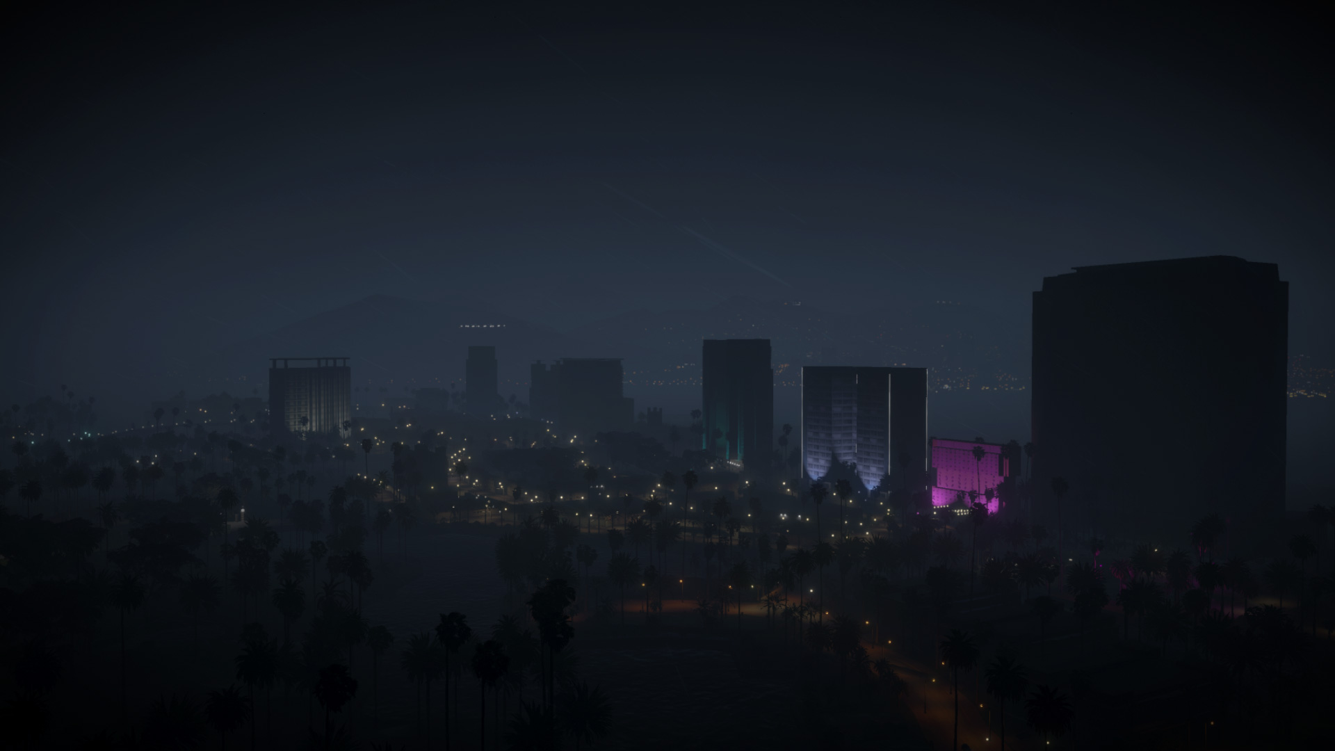 Street lighting and night glow across Vice City